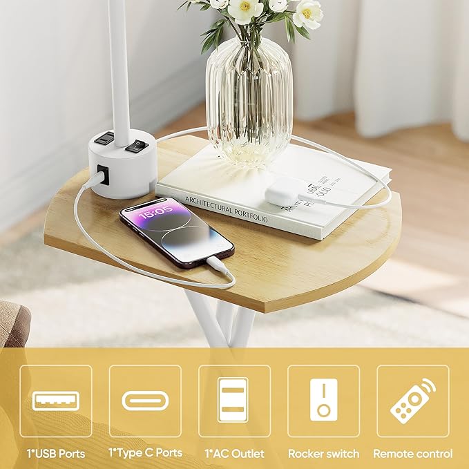 ROTTOGOON Floor Lamp with Table, End Table Lamp with Remote Control and Charging Station(USB & Type-C & AC Port), 4 Color Temperatures, Floor Lamps for Living Room, Bedroom and Home Office,White