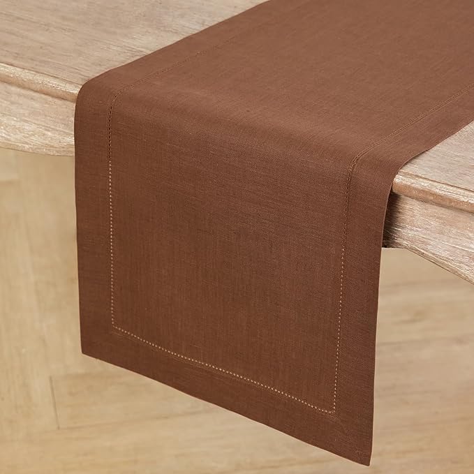 Solino Home Linen Brown Table Runner 60 Inches - Classic Hemstitch, 100% Pure Linen Coffee Table Runner 14 x 60 Inch Ideal for Dresser Tables, Fall, Autumn, Thanksgiving