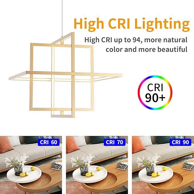 Modern LED Chandelier Led Pendant Light Square Contemporary Chandelier Hanging Light Dimmable for Living Room, Dining Room, Bedroom, Kitchen, Stydy Room 90W 3000K/4000K/6000K Optional,Gold