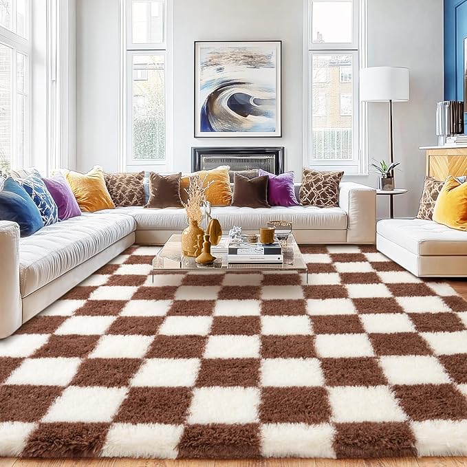 Checkered Rug for Living Room 6x9, Ultra Fluffy Fuzzy Shag Large Area Rug for Bedroom, Modern Plush Soft Upgrade Non-Slip Carpet for Kids Girls and Boys Room Dorm Home Decor, Cream and Coffee
