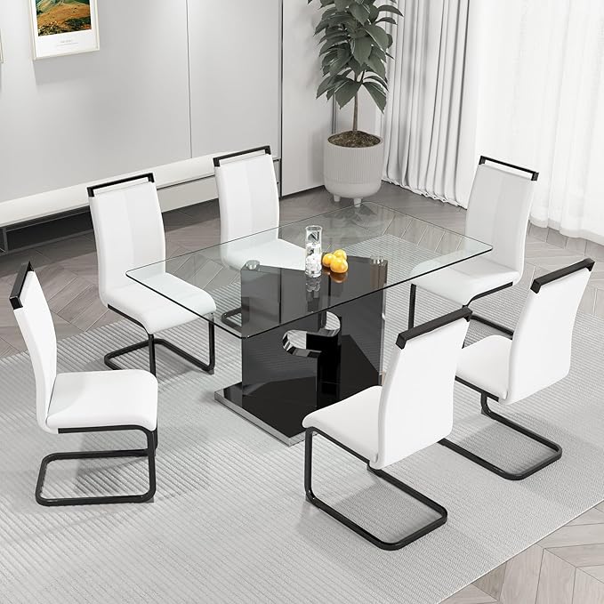 Glass Dining Table Set of 6, 63" Dinner Room Glass Table Set for 6, Modern Kitchen Dinner Table Set with 6 Upholstered Faux Leather Dining Chairs for Living Dining Office Room