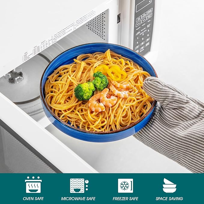 vancasso Bonita Pasta Bowls Set of 4, 32oz Shallow Bowl Plates, Dinner Bowls, Ceramic Pasta Plates, Microwave & Dishwasher Safe Serving Bowls, Bule