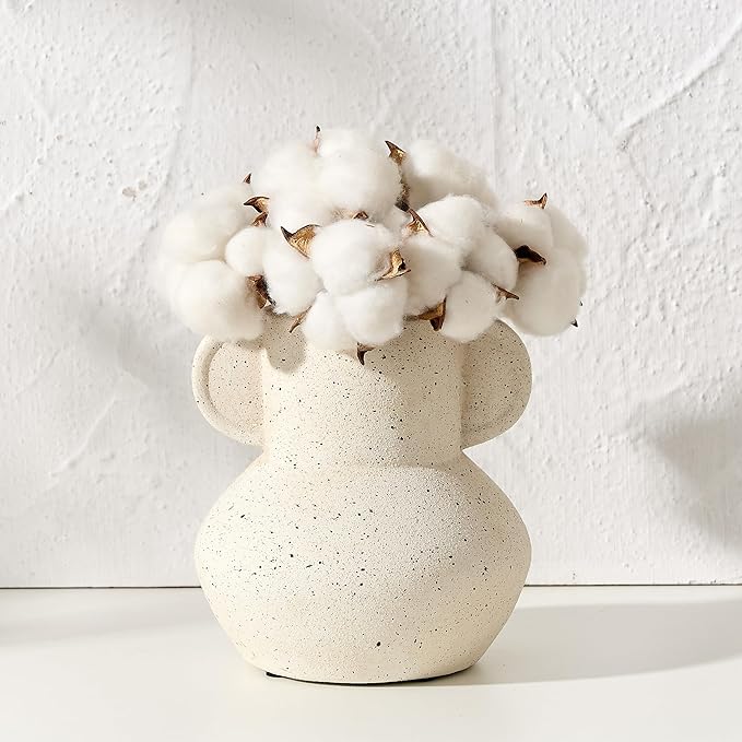 Antique Ceramic Vase with 2 Handles, 6.1 Inch Farmhouse Rustic Vase, Small Decorative Pottery Flower Vases for Home Decor, Wedding, Living Room, Table, Shelf Decor, Speckled White