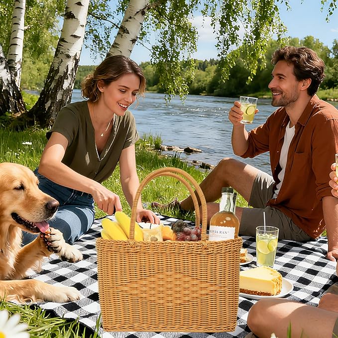 Big Picnic Basket-40cm Diameter with Handles Handmade Plastic Rattan Woven Basket Multifunctional Woven Storage Basket, Storage Basket for Camping,Shopping, Market, Birthday, Wedding,Picnic, Party