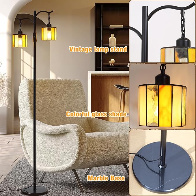 Vintage Dimmable Floor Lamp, Tiffany Standing Lamp with 2 Stained Glass Shades, Rustic Farmhouse Floor Lamp with Black Finish for Living Room Bedroom