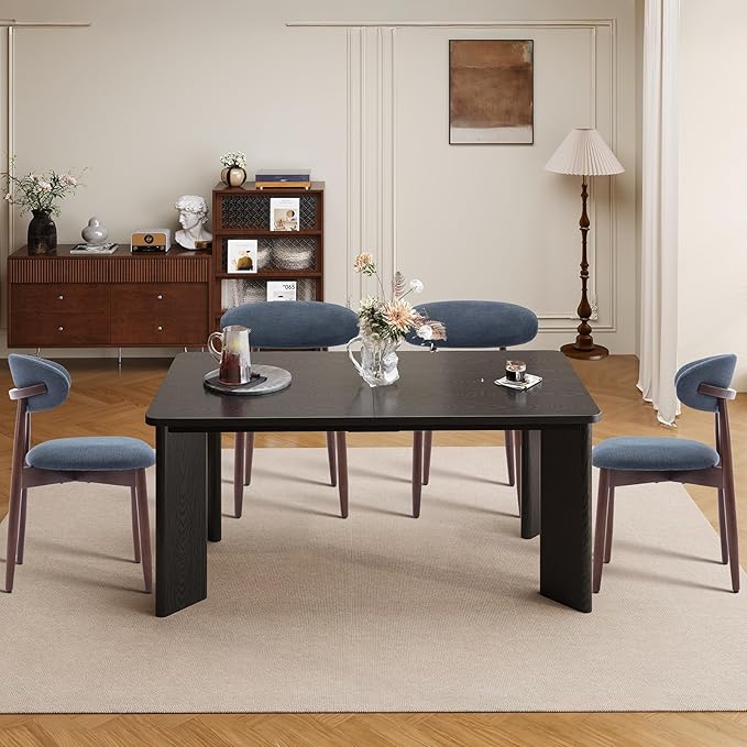 7-Piece Rectangular Dining Table Set for 6, 63" Industrial Kitchen Table with 6 Wooden Upholstered Dinner Chairs for Dining Room, Kitchen, Living Room, Black+Blue