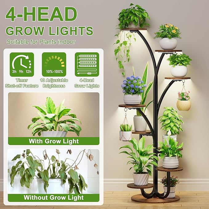 Plant Stand Indoor with Grow Lights, 8 Tier Tall Display Shelf for Cute Indoor Plants, 60" Tree-Shape Display Rack, Corner Plant Flower Pot Holder for Living Room, Patio, Balcony, Home Decor