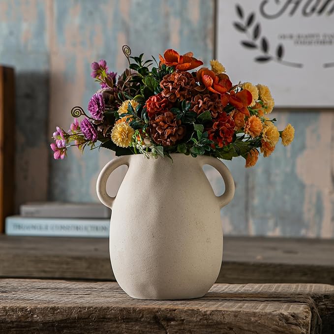 Off-White Ceramic Vase with 2 Handles, Sandstone Texture for Modern Farmhouse Decor, Rustic Pottery, Decorative Flower Vase, Clay Small Vase, Centerpiece for Dining Table - 7 Inch Tall