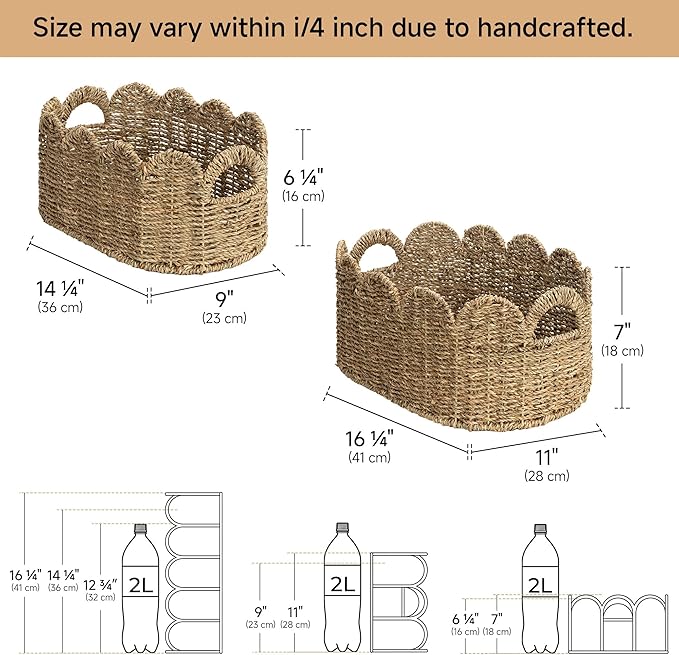 StorageWorks Scalloped Wicker Basket, Hand-woven Rattan Baskets with Built-in Handles, Seagrass Basket for Organizing and Decor, 2 Pack