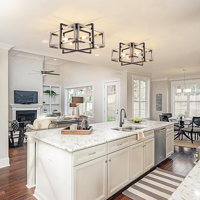 TOCHIC Flush Mount Ceiling Light, Black and Brushed Nickel Farmhouse Flush Mount Chandelier 4 Lights Industrial Metal Light Fixture for Dining Room, Living Room, Kitchen, Foyer, Hallway, Bedroom