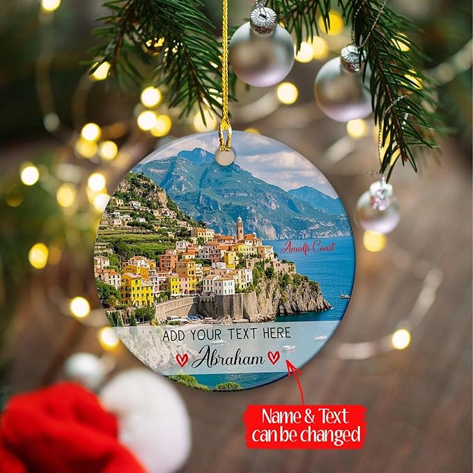 Amalfi Coast Italy Ceramic Christmas Ornament 2025, Personalized Amalfi Cityscape On The Mediterranean Xmas Ornament, Custom Text/Name Italy Trip Memories Ornaments, European Vacation Xmas Tree Decor