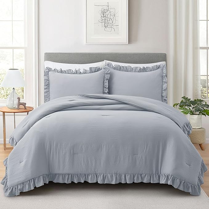 Bonlino Bedding Comforter Set Bedroom - 3 Pieces Farmhouse Comforter Ruffle Boho Bed Comforter, Fluffy Soft Lightweight Bedding Chic Rustic Country Style for Home Dorm (Oversized King, Light Grey)
