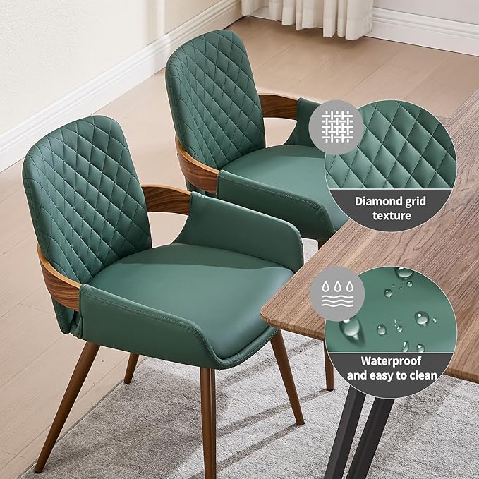 Mid Century Modern Dining Chairs Set of 2 - Faux Leather Dining Room Chairs, Upholstered Kitchen Chair with Arms and Metal Legs - Green