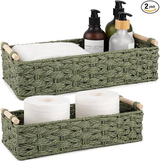 OIAHOMY Toilet Paper Baskets Handmade Paper Rope Decorative Wicker Storage Tank Shelf Cabinet Organizer for Bathroom Home, Set of 2, Green