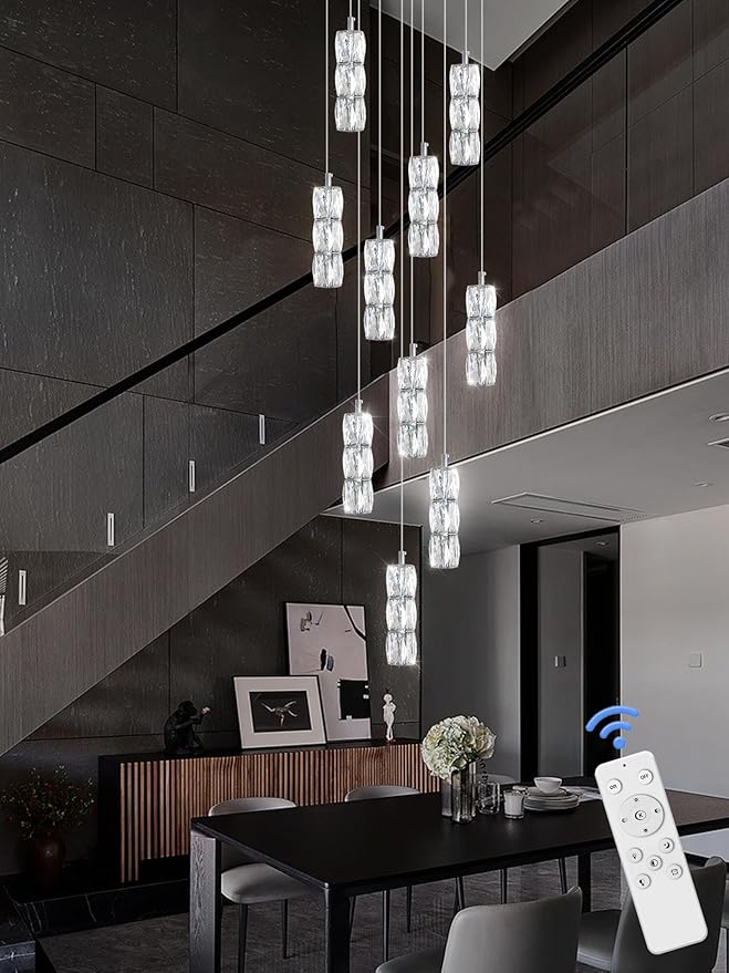 Long Staircase Crystal Pendant Chandeliers 10-Lights Silver Column Crystal Chandeliers Foyer Entrance High Ceiling Hanging Chandelier 2700-6000k Dimmable Fixtures LED Big Chandeliers