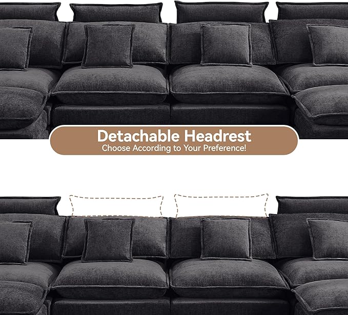 134'' Cloud Modern 4 Seater Couch with Detachable Headrest, Modular Sectional Sofa with 2 Ottoman, Oversized U Shape Chenille Comfy Sofa with Armrests for Living Room, Dark Grey