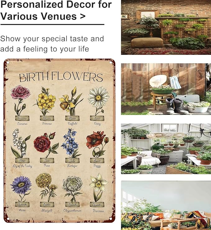 Bestylez Garden Gifts Vintage Gardening Signs Mom Grandma Birth Month Flower Tin Sign for Home Garden Greenhouse Living Room Bedroom Yard Cottage Outdoor Decor 8X12 Inch (3355)