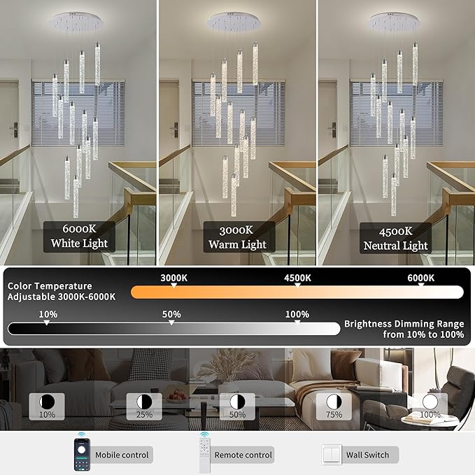 12-Lights High Ceiling Crystal Staircase Chandelier Chrome, Modern Spiral Raindrop Dimmable LED Bubble Cluster Ceiling Hanging Lighting Fixture for Foyer Living Room Entrance Remote Control