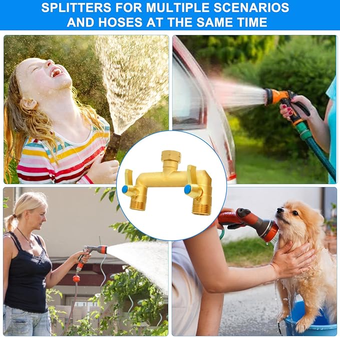 Garden Hose Splitter Full Flow, 2 Way Heavy Duty Outdoor Brass Hose Splitter with Metal Shutoff Valve and Long Handle Outdoor Faucet Diverter, 3/4" GHT Threads，Water Flow Increase