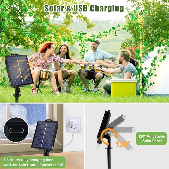 OMIKA Solar Fairy Lights with Vine, 66FT 200LED Solar String Lights & USB Outdoor Waterproof with Ivy, 19 Modes Vines with Light for Balcony Camping Outside Garden Yard Fence Wedding (Warm White)