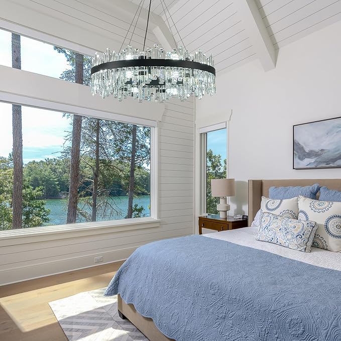 Round Crystal Chandeliers, D31.5 inch 16-Light Black Chandelier Lighting Fixture, Height Adjustable Pendant Ceiling Light for Living Room Dining Room Bedroom