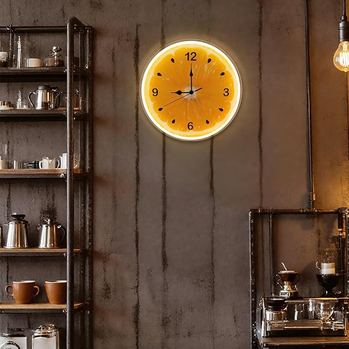 jXIN 12 Inch Orange - Shaped Fun Clock, 2-in-1 LED Silent Clock and Warm White Night Light, Creative Decorative for Cozy Atmosphere Children's Room