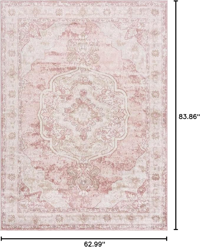 Blush & Light Pink Collection Kandos Bohemian Oriental Medallion Area Rug - Traditional Floral Carpet for Living Room, Bedroom - Blush, Dusty Pink, Cream - 5'3" x 7' (5x7 Area Rug)