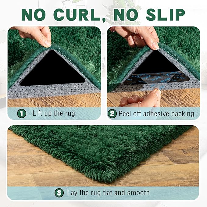 Green Area Rug for Bedroom, 2x3 Small Rugs for Living Room Nursery Kids Room Dorm Home Decor Aesthetic, Fluffy Shaggy Rug with 4 Anti-Slip Carpet Tapes, Dark Green
