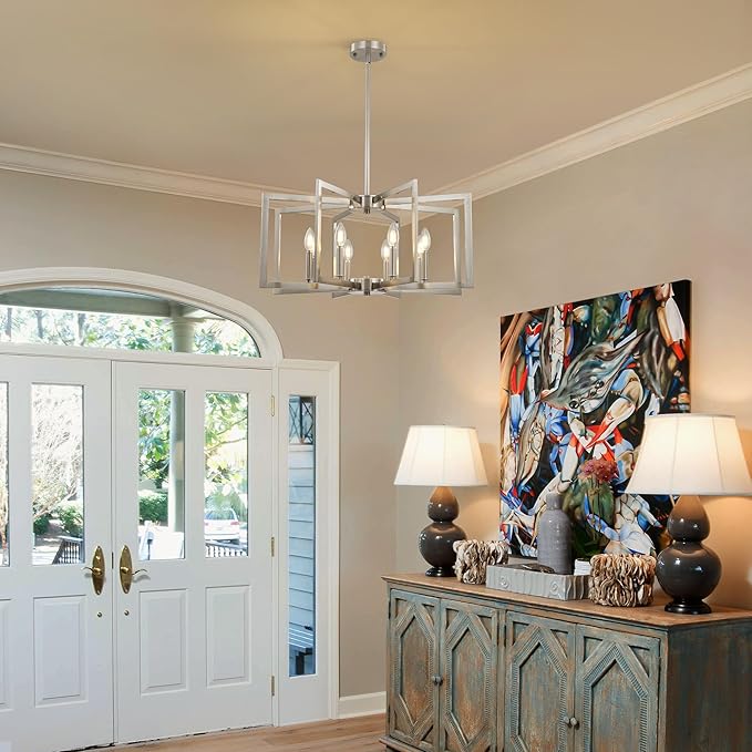 8-Light Large Brushed Nickel Chandeliers for Dining Room，Modern Industrial Pendant Lights Kitchen Island，Farmhouse Entryway Light Fixtures，Metal Geometric Chandelier for Living Room