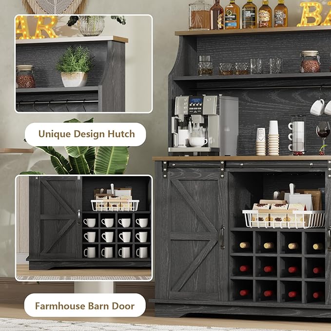 55 Inch Farmhouse Coffee Bar Cabinet with 3-Tier Storage, Kitchen Hutch with 12 Wine Racks & 3 Glass Holders, Coffee Bar with 6 Hooks, Wine Bar Cabinet for Dining Living Room, Black