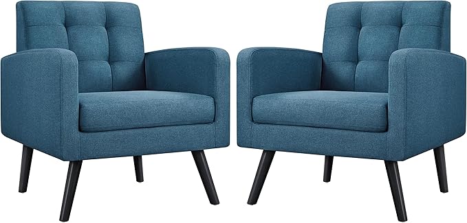 Yaheetech Mid-Century Accent Chairs, Modern Upholstered Living Room Chair, Cozy Armchair Button Tufted Back and Wood Legs for Bedroom/Office/Cafe, Set of 2, Navy Blue