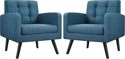 Yaheetech Mid-Century Accent Chairs, Modern Upholstered Living Room Chair, Cozy Armchair Button Tufted Back and Wood Legs for Bedroom/Office/Cafe, Set of 2, Navy Blue