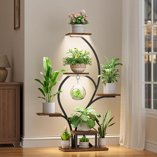 Plant Stand Indoor with Grow Lights - 6 Tiered Plant Shelf Indoor, 49" Tall Corner Plant Stands for Indoor Plants, Lighted Flower-Shaped Holder Stand, Display Rack for Living Room, Patio（Black)