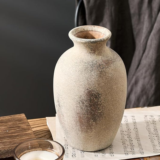 Ceramic Rustic Flower Vase, 8.27 Inch Vintage Pottery Home Decor, Antique Farmhouse Terracotta Vase for Living Room, Table, Shelf, Mantel Decoration, Farmhouse - Natural Brown