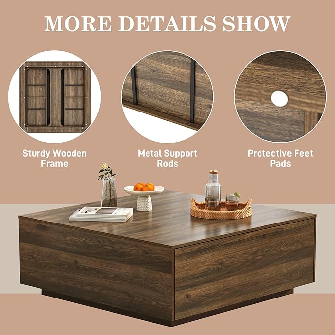 43” Square Coffee Table with Storage, Modern Large Square Center Table with 2 Drawers, Wood Coffee Table for Living Room, Walnut