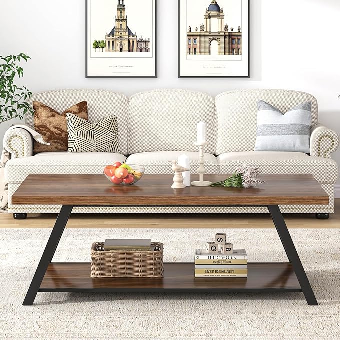 EXCEFUR Modern Coffee Table, Industrial Living Room Center Table with Storage Shelf, Rectangle Wood and Metal Cocktail Tea Table, Rustic Walnut, 47 Inch