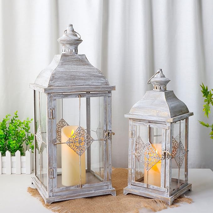 TRIROCKS 20"&15" H Decorative Candle Lantern Set of 2 Outdoor Lantern with Tempered Glass Metal Candle Holder for Porch Ideal for Country Style Gardens Home Decor Indoor Outdoor