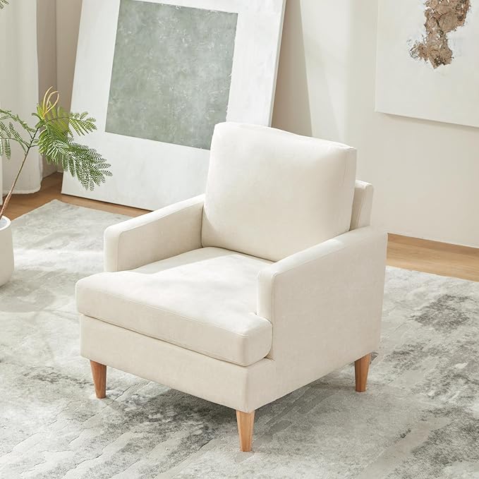 VKNOW Mid-Century Accent Chairs Set of 4, Modern Upholstered Chenille Armchair for Living Room,Comfy Reading Accent Chairs with Wood Legs for Bedroom, Beige