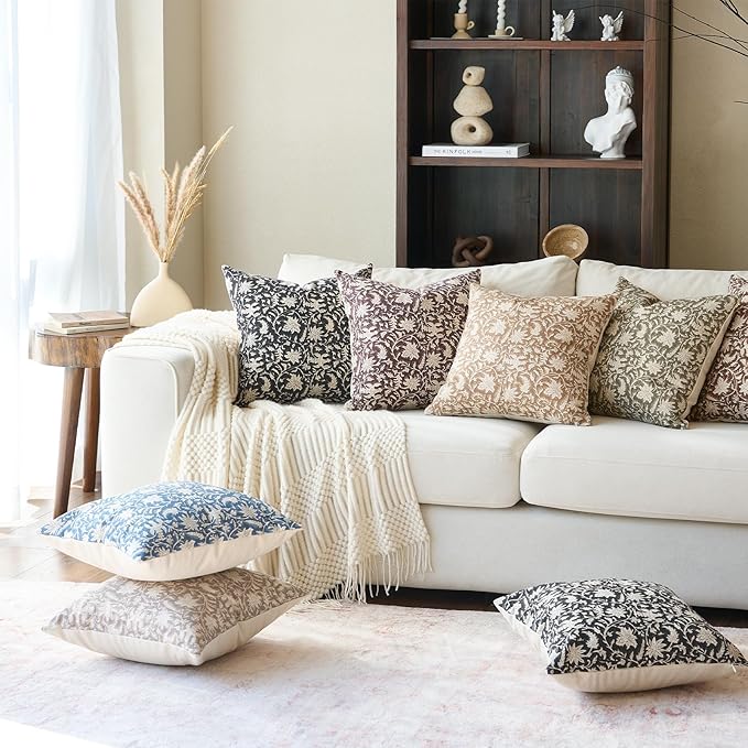Floral Throw Pillow Covers 20x20 Farmhouse Block Print Pillow Covers Decorative Pillow Covers Couch Pillows for Living Room Vintage Accent Sofa Pillows Set of 2, Vintage Blue