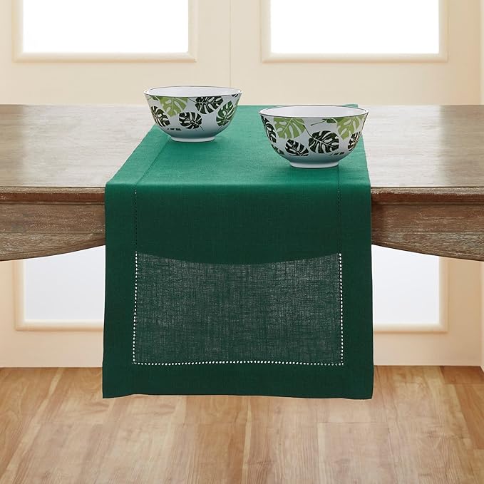 Solino Home Linen Table Runner 96 Inches Long - 100% Pure Linen Rainforest Green Table Runner 14 x 96 Inch for Fall, Autumn, Thanksgiving, Christmas - Classic Hemstitch