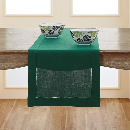 Solino Home Linen Rainforest Green Table Runner 120 Inches Long - 100% Pure Linen Hemstitch 14 x 120 Inch Table Runner for Dining, Fall, Autumn, Thanksgiving, Christmas - Classic Hemstitch
