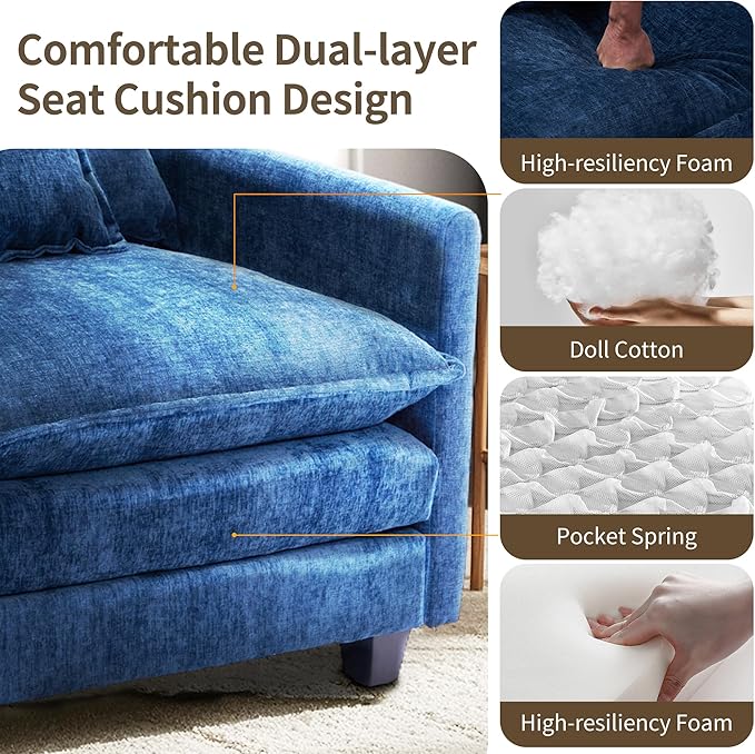 SweetGO corporation 40" Chenille Lounge Chair for Reading, Modern Couch Cozy Sofa Bed, Upholstered Living Room Single Sofa Accent Chair with Ottoman, Blue