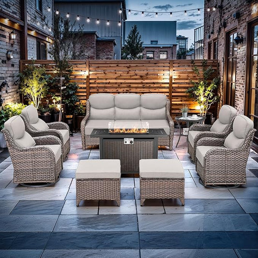 Luxury High Back Outdoor Furniture with 6-inch Extra Thick Cushions, Patio Furniture Set with Fire Pit Table & Swivel Chairs, 9 PCS Wicker Conversation Set for Yard, Deck, Poolside, Brown/Beige