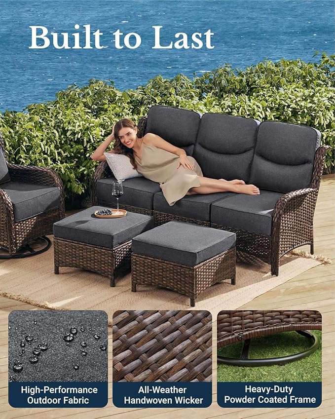 HILLGA Luxury Patio Furniture Set with 6-Inch Thick Cushions, High Back Outdoor Swivel Rocker Chairs Patio Couches, 6-Piece All Weather Conversation Set for Porch Deck Pool Yard, Dark Grey (V3)