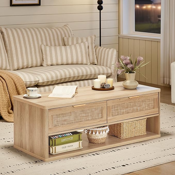 LEYAOYAO 48" Farmhouse Boho Rattan Coffee Table with 2 Woven Drawers,Rectangular Coffee Tables with Hidden Storage Compartment,Curved Profile Design,Wooden Center Table for Living Room,Natual Wood