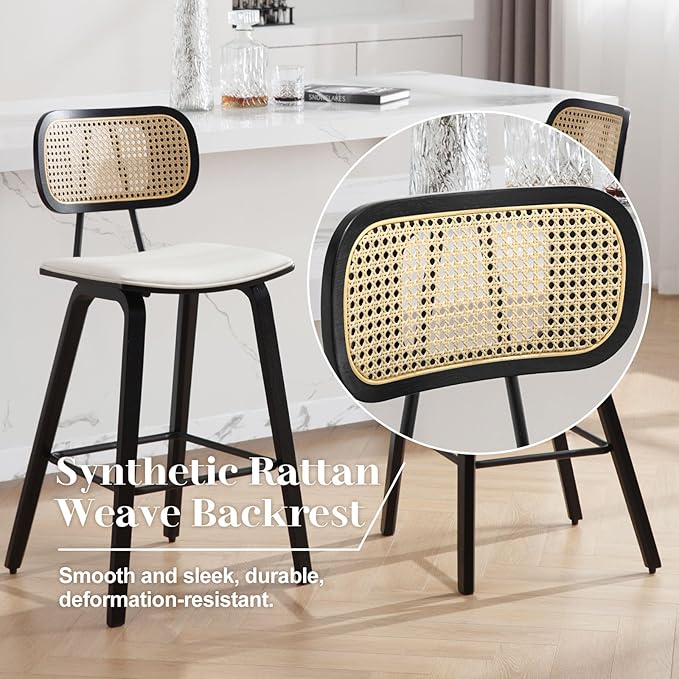 Counter Height Bar Stools, 26" PU Leather Upholstered Rattan Barstools, Mid Century Modern Bar Chairs with Black Wood Legs, Armless Walnut Kitchen Island Dining Bar Chair, White