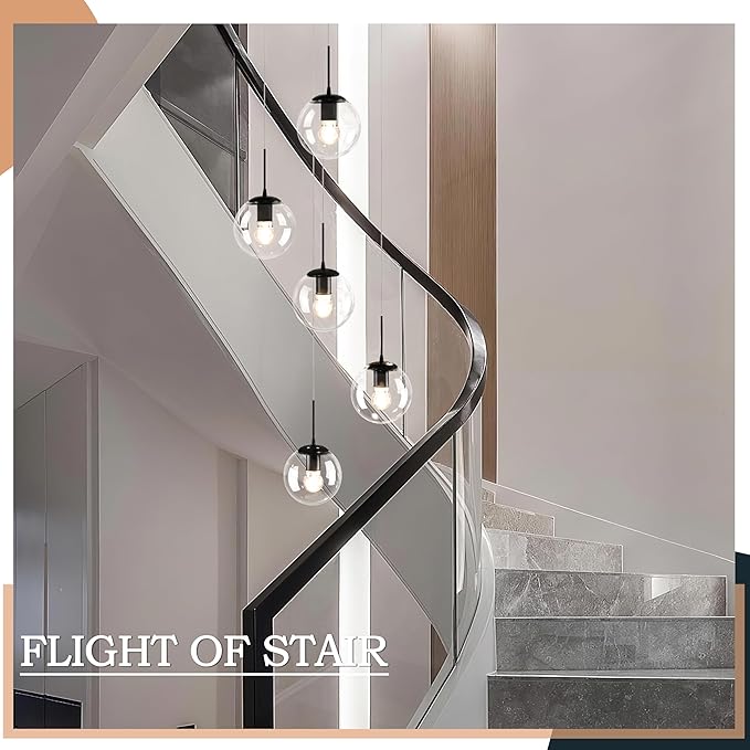KoKo&Yukina 5-Light Globe Glass Pendant Light Adjustable Length Pendant Lights Modern Black Clear Globe Glass Chandelier High Ceiling Lights Fixtures for Foyer Staircase Entryway (Bulb & Remote Incl)