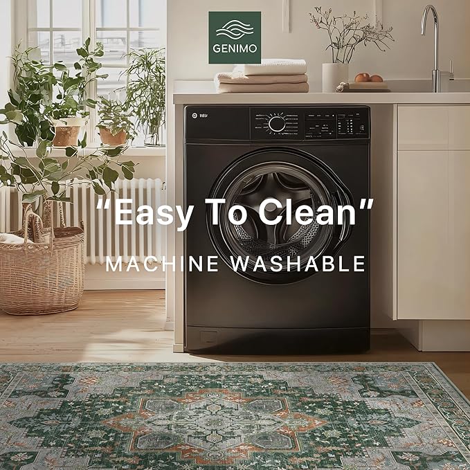 GENIMO 8x10 Area Rugs for Living Room, Machine Washable Non Slip Vintage Rugs, Low Pile Lightweight Chenille Print Rug for Bedroom, Dining Room, Home Office,Pine Green