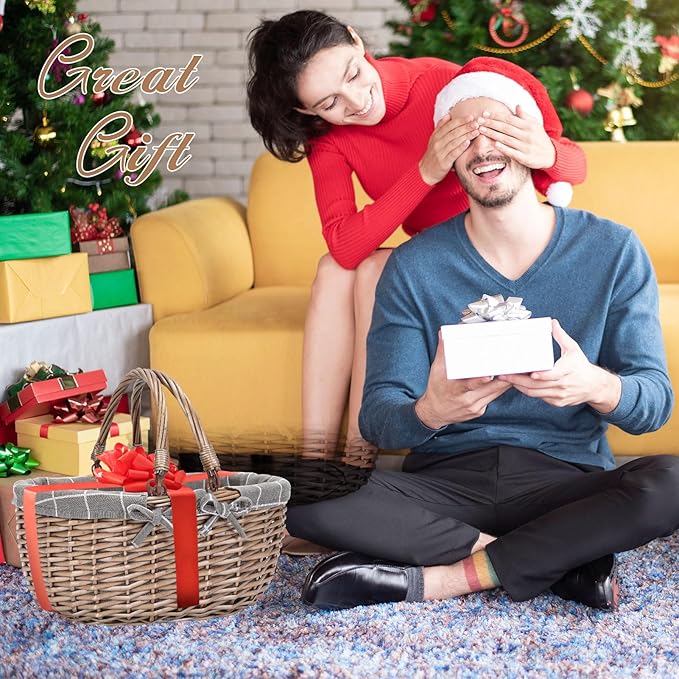 G GOOD GAIN Oval Picnic Basket with Folding Handles, Willow Hand Woven Shopping Basket, Bath Toy Kids Toy Storage Gift Packing Basket, Wicker Empty Easter Eggs and Candy Small Gift Basket.GreyCheck