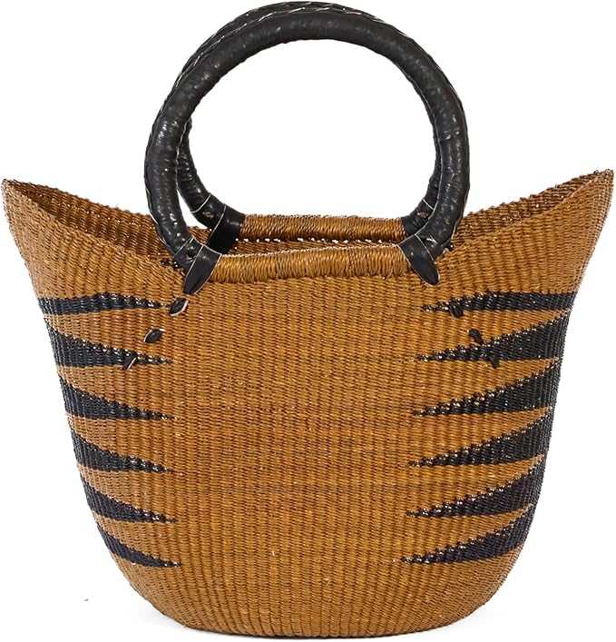 AYÉYA Handwoven African Basket – Winged Style – Wide Open Wicker Tote with Leather Handles – Unique Market or Foraging Basket – Handmade in Ghana